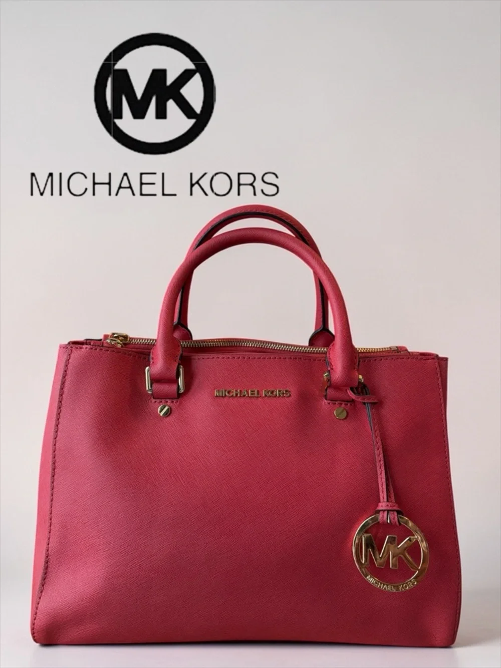 Michael Kors Red Saffiano Leather Satchel Tote Crossbody Gold Hardware Large